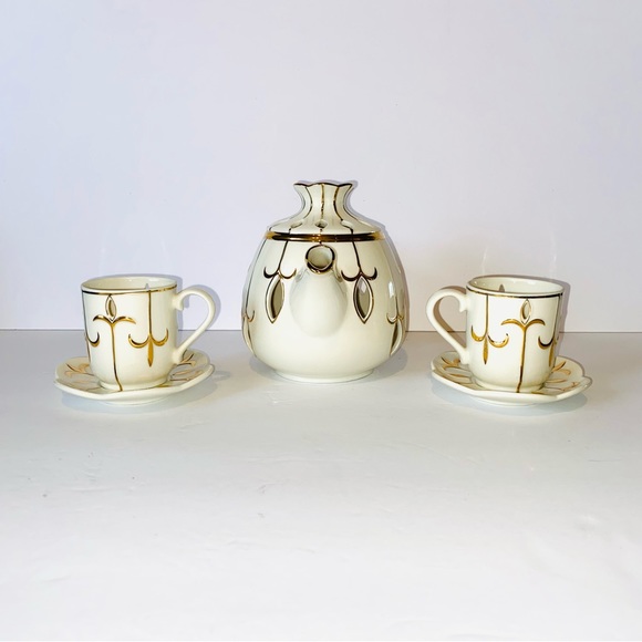 Partylite Tea for Two 5pc Votive Candle Holders Teapot Cups Saucers Ivory & Gold - Picture 2 of 15